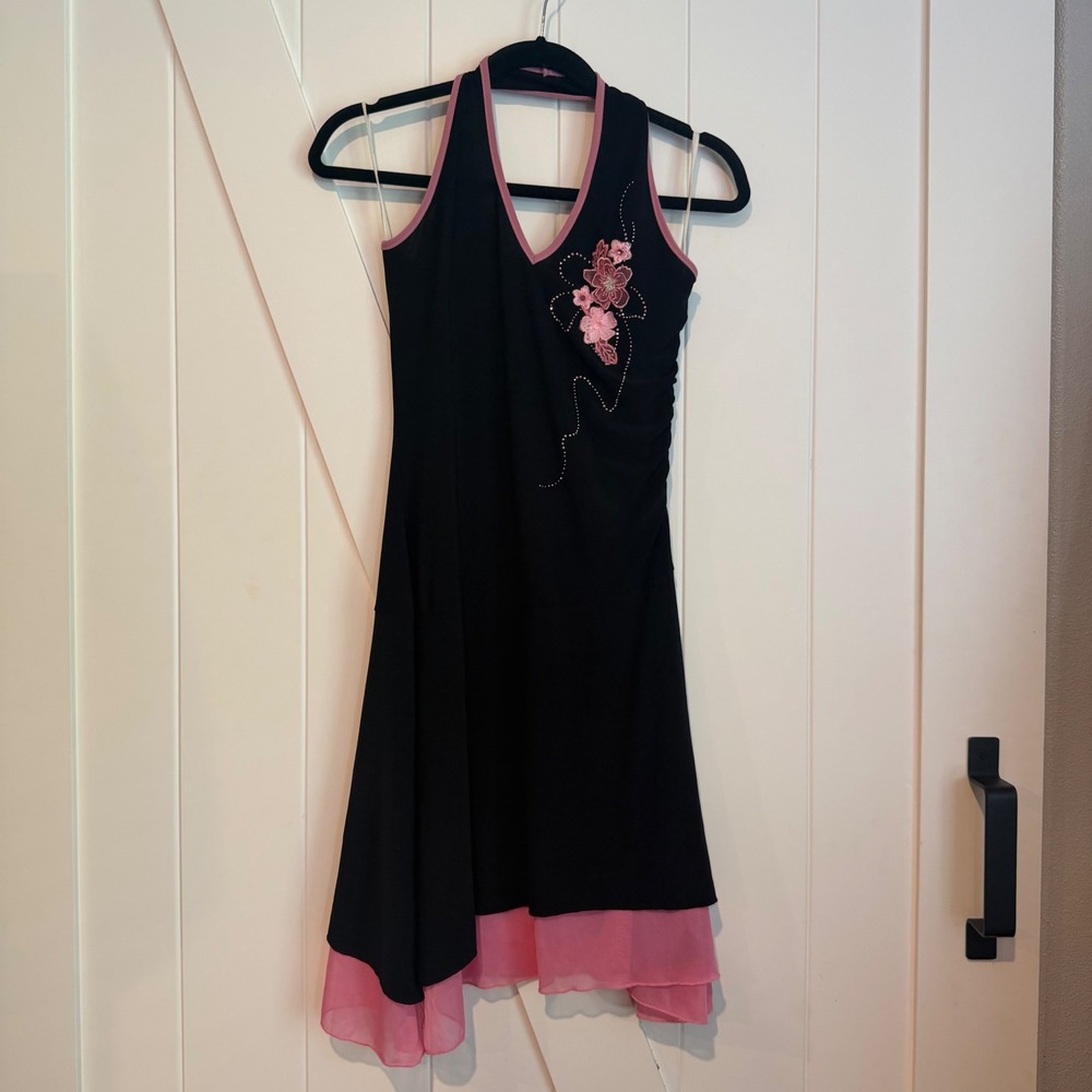 Vintage Y2K halter minidress fairy grunge embellished floral applique ruched